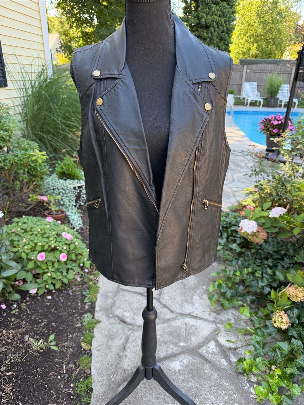 Sanctuary Black Faux Leather Moto Vest Large Biker Zip Cotton Lined
